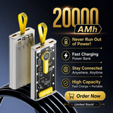 Transparent Power Bank 20000 mAh With Emergency Lights Digital Display Black Colour Fast Charging Portable Charger
