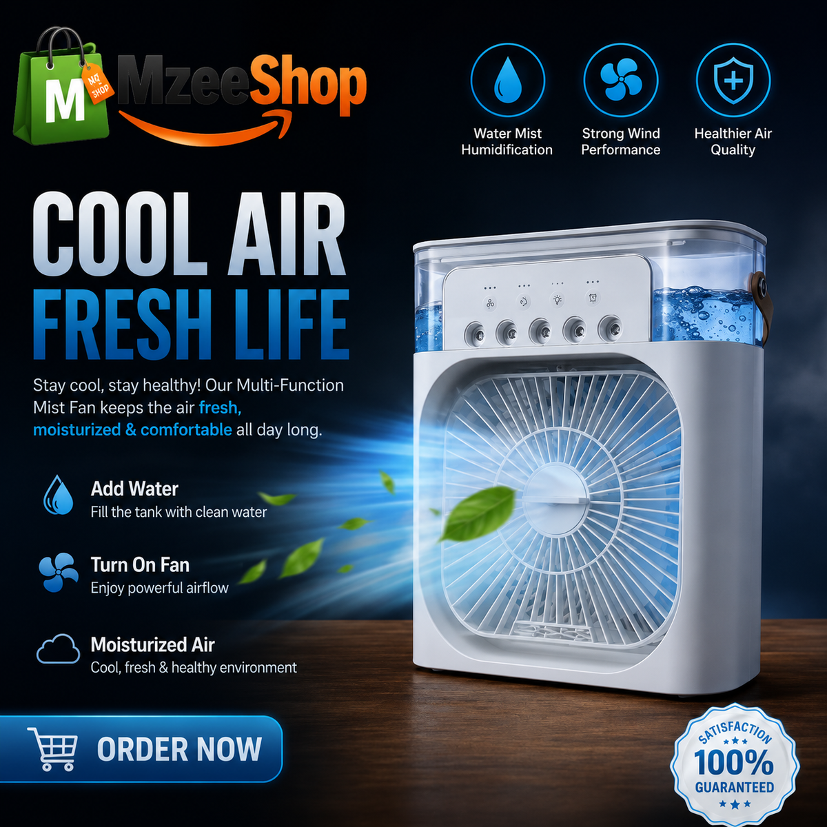 Next Nova Imported 10" Portable Air Cooler Fan – 3-in-1 Mini AC Desktop Humidifier 7-Color LED