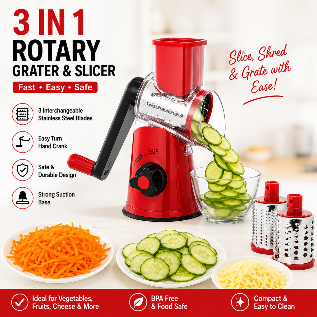 Table Top Drum Grater – Manual Vegetable Cutter, Slicer & Grater | Multi-Functional 3-in-1 Kitchen Gadget for Effortless Food Prep (Random color)