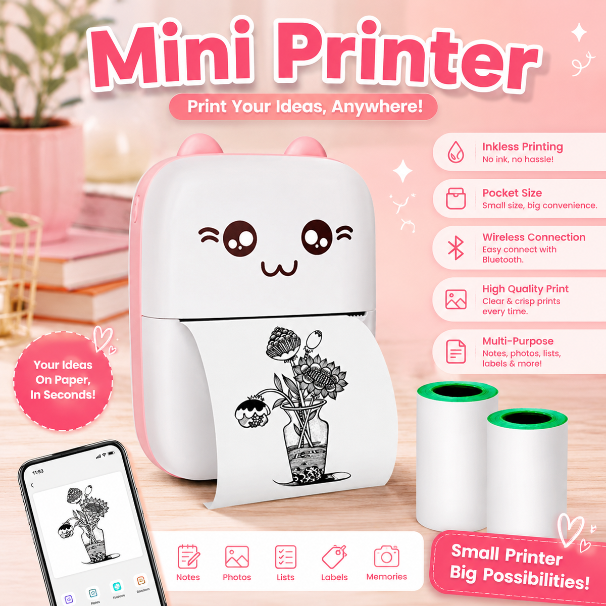 Mini Portable Thermal Printer | Wireless Bluetooth Pocket Photo Printer | 1 Paper Roll Included | Random Colour