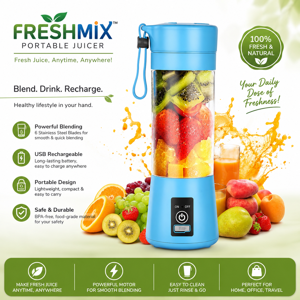 Portable Mini 6 blade Juicer blender | Outdoor Juicing Cup (380ml) - Rechargeable [random]